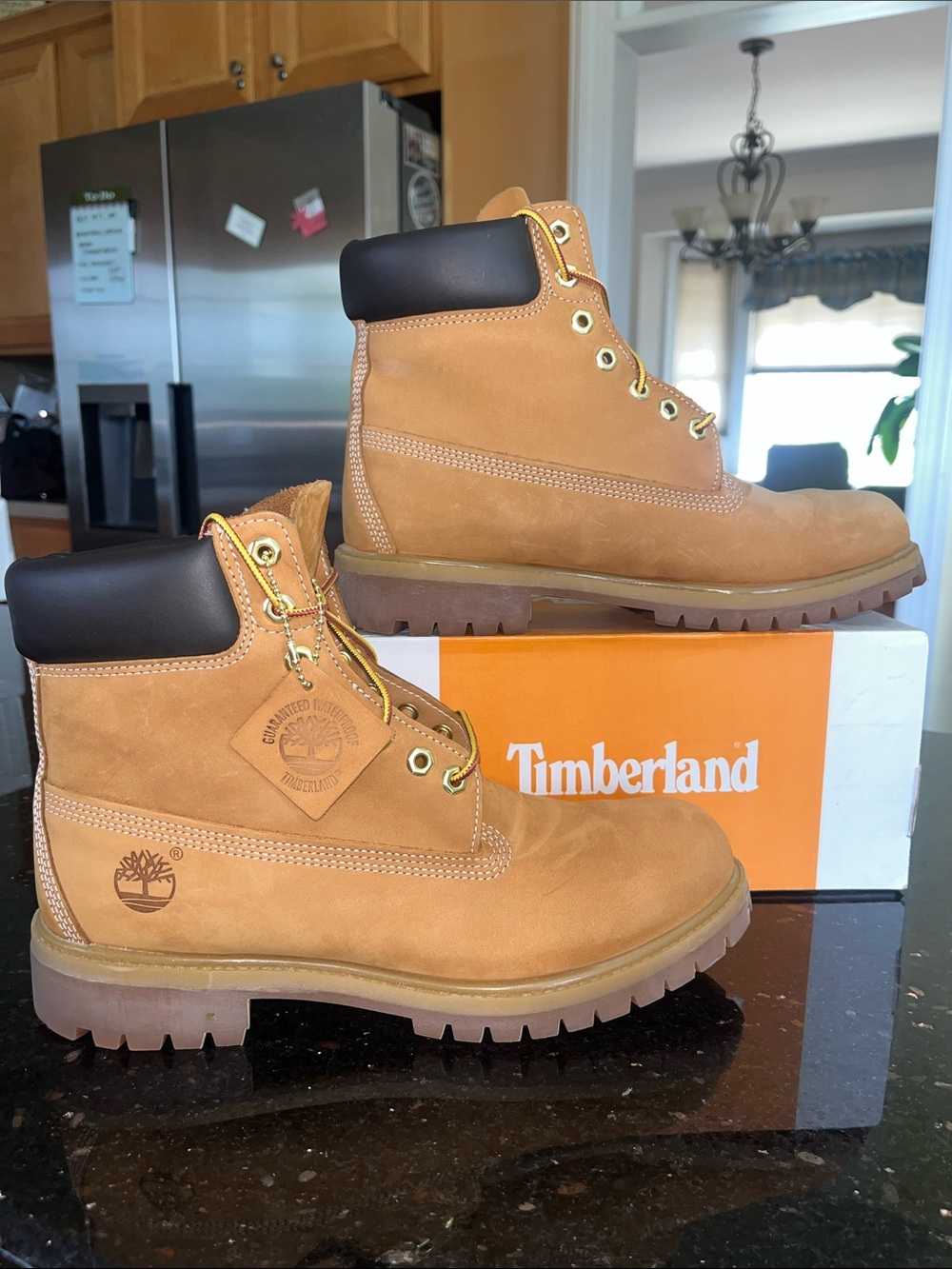 TIMBERLAND MEN’S PREMIUM 6 INCH LACE WATERPROOF WHEAT BOOTS- size 10 (pair #1)